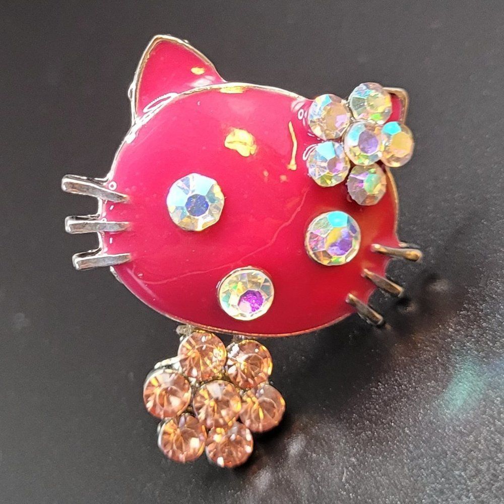 Pink Enamel and Rhinestone Cat Ring